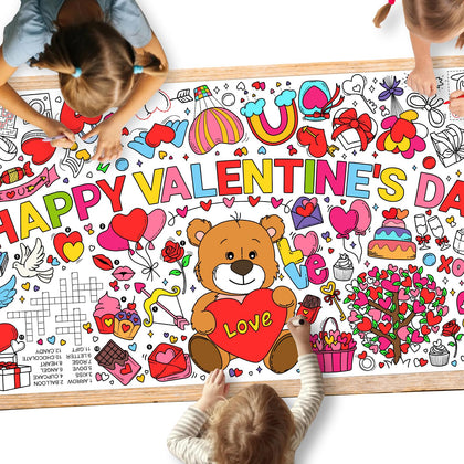 Valentine's Day Activity Poster - 31.5 x 72 Inches,Valentine's Day -Themed Happy Valentine's Day Party, Versatile Paper Coloring Banner/Table Cover for School Parties and Special Events Decoration