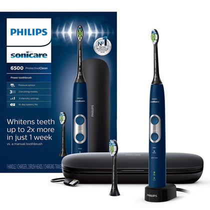 PHILIPS Sonicare ProtectiveClean 6500 Rechargeable Electric Power Toothbrush with Charging Travel Case and Extra Brush Head, Navy Blue, HX6462/07