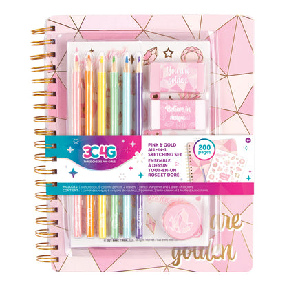 Three Cheers for Girls - Pink & Gold All-in-1 Sketchbook Set - Girls Diary, Journal, Sketch Book for Kids w/Pencils, Stickers & More - Drawing Kit for Kids - Unlined Diary for Girls - Kids Sketch Pad
