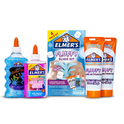Elmers Fluffy Slime Kit, Includes Elmers Translucent Color Glue, Elmers Glitter Glue, Elmers Fluffy Slime Activator, 4 Count