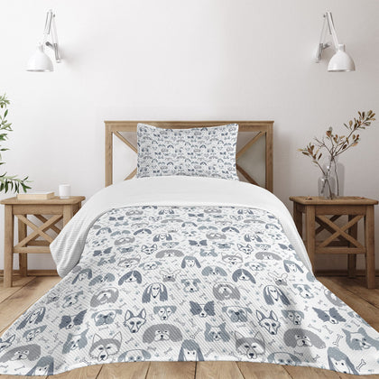 Ambesonne Dog Bedspread, Childish Sketch Style Various Domestic Puppy and Dog Breeds Pattern, Decorative Quilted 2 Piece Coverlet Set with Pillow Sham, Twin Size, Blue Grey