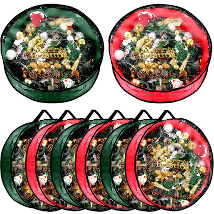 Dunzy 8 Pieces Christmas Wreath Storage Bag Garland Wreath Container Tear Resistant Fabric Round Wreath Boxes with Clear Window for Storage for Xmas Holiday Ornament (Red, Green,30'')