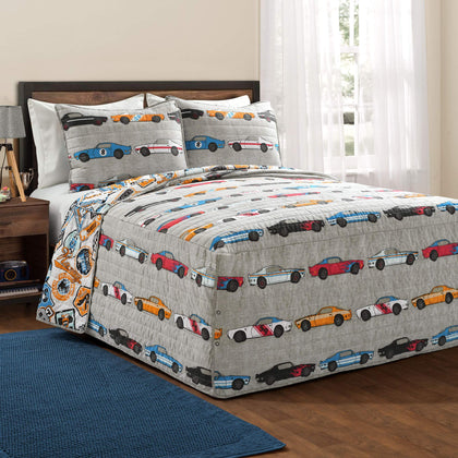 Lush Decor, Full, Blue and Orange Beige Race Car Kids' 3-Piece Bedspread, Reversible Bedding Set for Boys