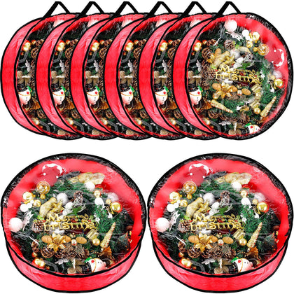 Dunzy 8 Pieces Christmas Wreath Storage Bag Garland Wreath Container Tear Resistant Fabric Round Wreath Boxes with Clear Window for Storage for Xmas Holiday Ornament (Red,24'')