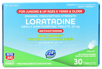 Rite Aid Kid's Non-Drowsy Allergy Relief, Loratadine 10mg, Mint Flavor - 30 Tablets | Orally Disintegrating Tabs | Ages 6 and Older