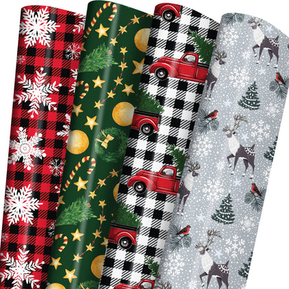 GIOLNIAY Christmas Wrapping Paper for Men Women Kids - Holiday Gift Wrap Contain Red & Black Plaid with Truck, Black & White Plaid with Snowflake, Green Tree, Xmas Design - 4 Jumbo Sheets, 4 Medium