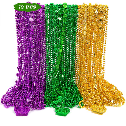 72PCS Mardi Gras Beads Accessories, Mardi Gras Green Purple Gold Metallic Beads Necklaces Bulks, Mardi Gras Beads Necklace Costumes Women Men Kids for Parade Throws Party Decorations Favor Supplies