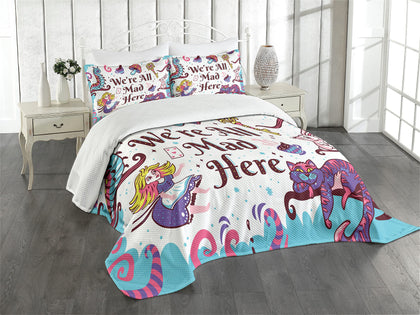 Ambesonne Alice in Wonderland Bedspread, We are All Mad Here Words with Caterpillar White Rabbit Cheshire Cat, Decorative Quilted 3 Piece Coverlet Set with 2 Pillow Shams, King Size, Purple Blue