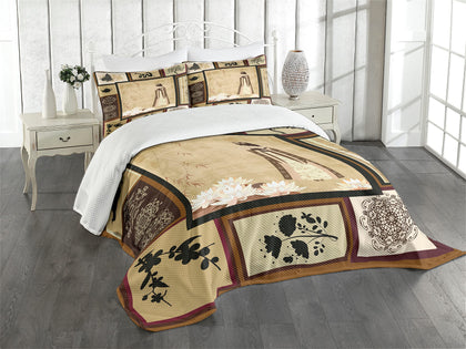 Ambesonne Japanese Bedspread, Girl in Traditional Dress and Cultural Patterns Ornaments Antique Eastern Collage, Decorative Quilted 3 Piece Coverlet Set with 2 Pillow Shams, King Size, Brown Cream